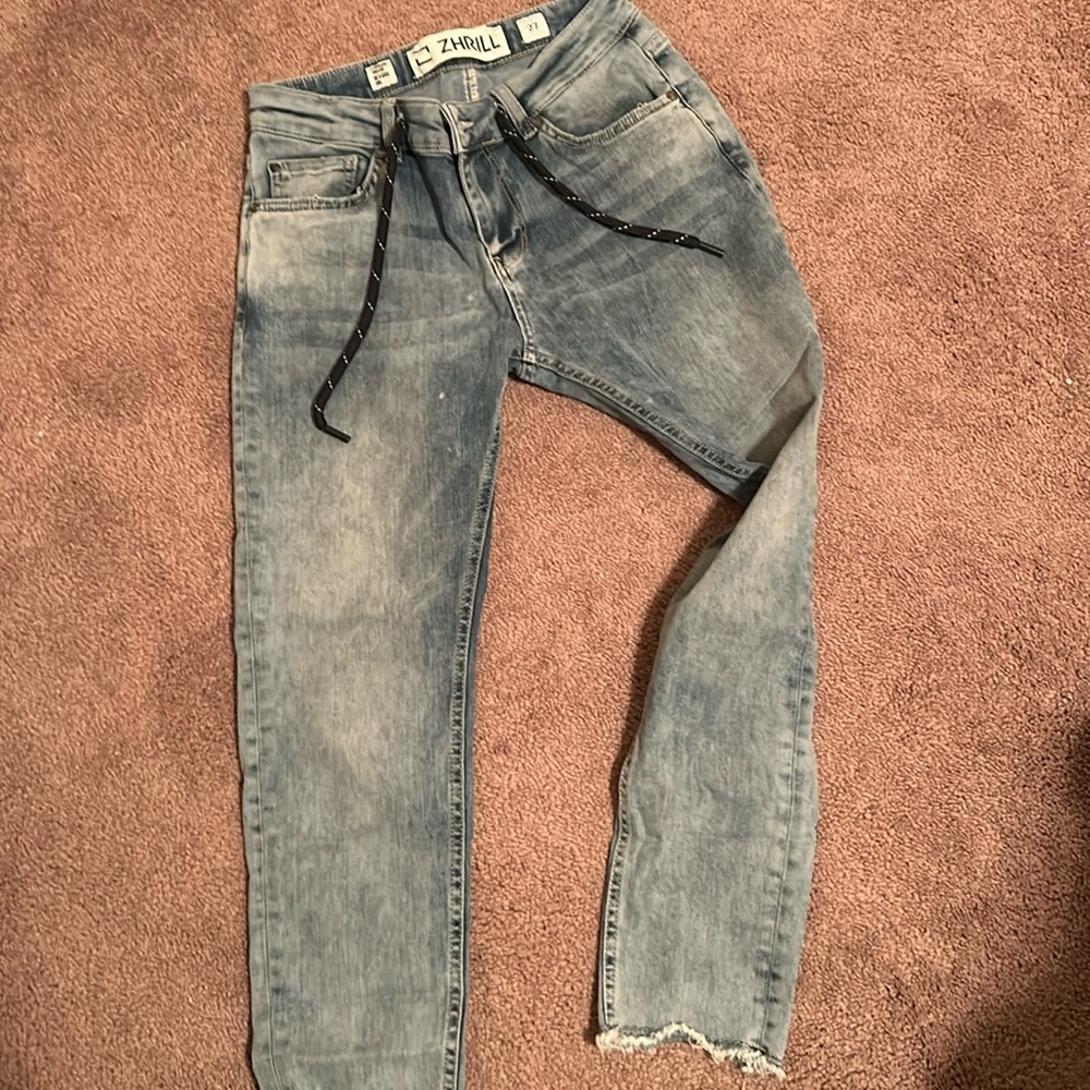 Jeans with tie in front.